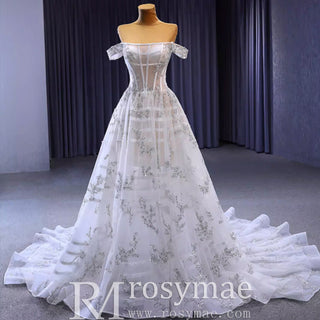 Beaded Floral Sheer Bodice Wedding Dress with Off the Shoulder - Rosymae