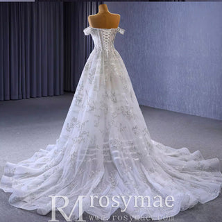 Beaded Floral Sheer Bodice Wedding Dress with Off the Shoulder - Rosymae