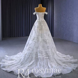 Beaded Floral Sheer Bodice Wedding Dress with Off the Shoulder - Rosymae