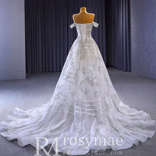 Beaded Floral Sheer Bodice Wedding Dress with Off the Shoulder - Rosymae