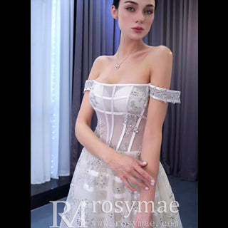 Beaded Floral Sheer Bodice Wedding Dress with Off the Shoulder - Rosymae
