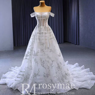 Beaded Floral Sheer Bodice Wedding Dress with Off the Shoulder - Rosymae