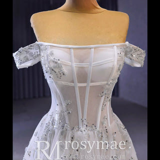Beaded Floral Sheer Bodice Wedding Dress with Off the Shoulder - Rosymae