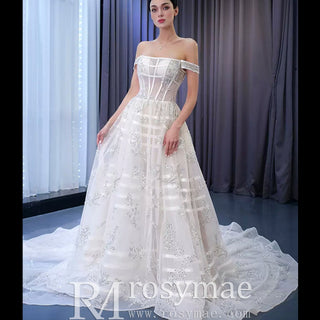 Beaded Floral Sheer Bodice Wedding Dress with Off the Shoulder - Rosymae