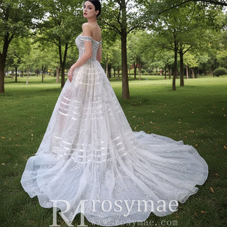 Beaded Floral Sheer Bodice Wedding Dress with Off the Shoulder - Rosymae