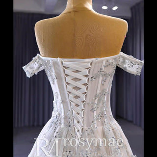 Beaded Floral Sheer Bodice Wedding Dress with Off the Shoulder - Rosymae