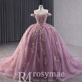 Beaded Floral Wedding Dress with Off the Shoulder Quinceanera Gown - Rosymae