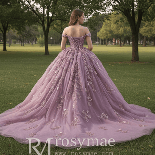 Beaded Floral Wedding Dress with Off the Shoulder Quinceanera Gown - Rosymae