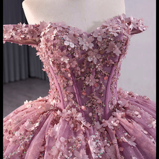 Beaded Floral Wedding Dress with Off the Shoulder Quinceanera Gown - Rosymae
