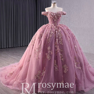 Beaded Floral Wedding Dress with Off the Shoulder Quinceanera Gown - Rosymae