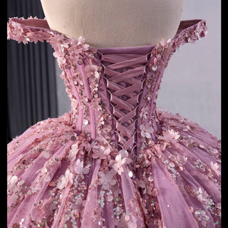 Beaded Floral Wedding Dress with Off the Shoulder Quinceanera Gown - Rosymae