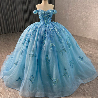 Beaded Floral Wedding Dress with Off the Shoulder Quinceanera Gown - Rosymae