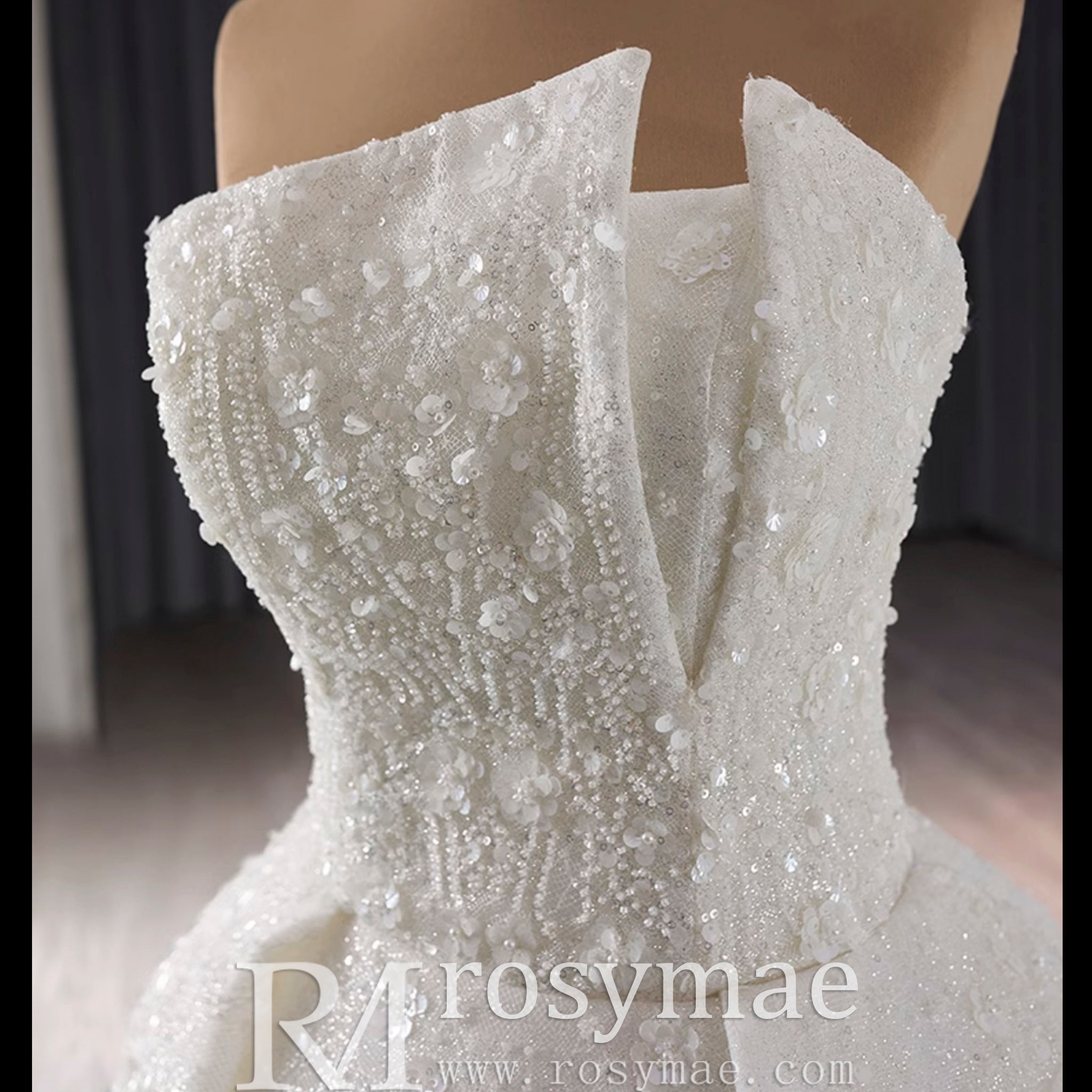 Beaded Flower Wedding Dress Ball Gown Sparkly Quince Dress - Rosymae