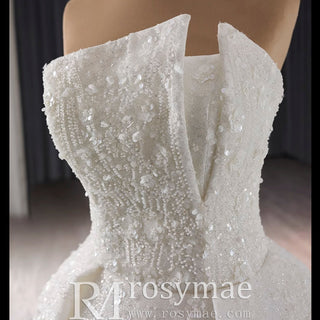 Beaded Flower Wedding Dress Ball Gown Sparkly Quince Dress - Rosymae
