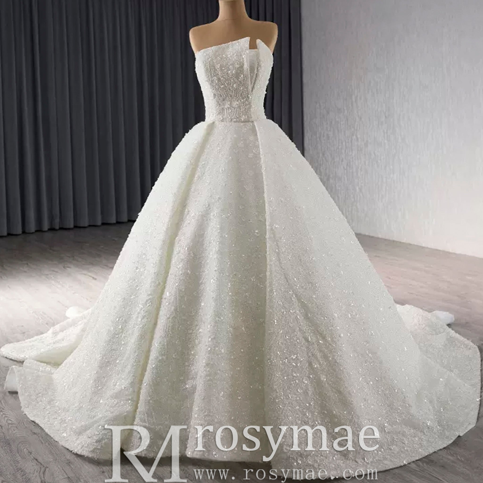Beaded Flower Wedding Dress Ball Gown Sparkly Quince Dress - Rosymae