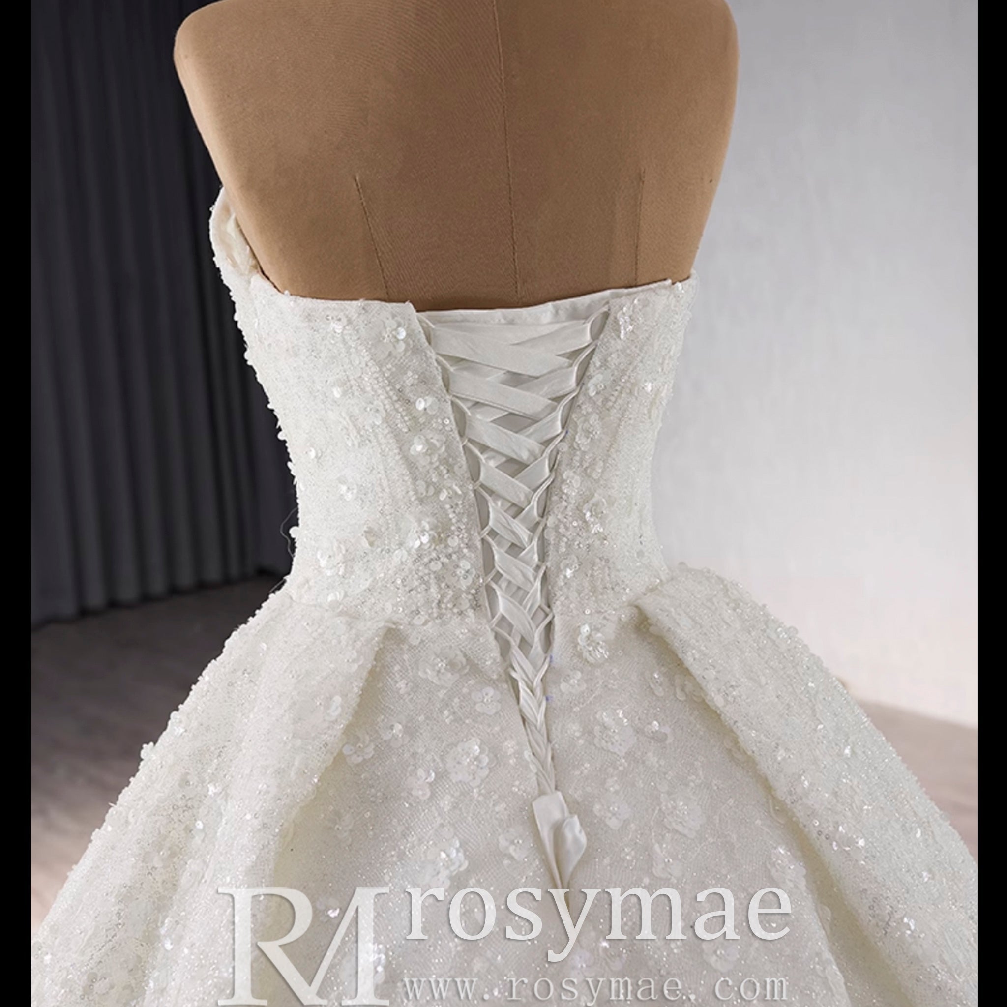 Beaded Flower Wedding Dress Ball Gown Sparkly Quince Dress - Rosymae