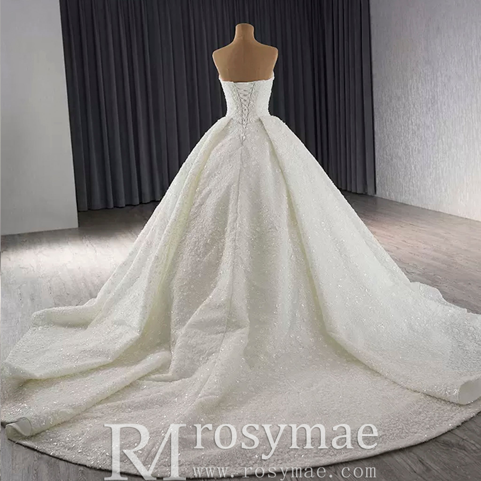 Beaded Flower Wedding Dress Ball Gown Sparkly Quince Dress - Rosymae