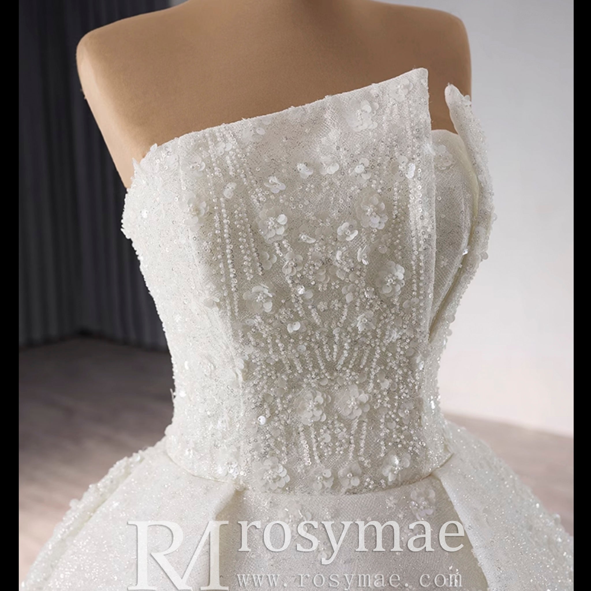 Beaded Flower Wedding Dress Ball Gown Sparkly Quince Dress - Rosymae