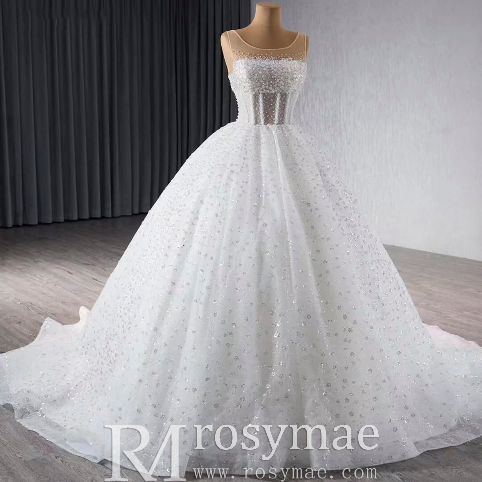 Beaded Flower Wedding Dress Sheer Bodice Sparkly Bridal Gown - Rosymae