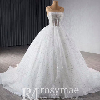 Beaded Flower Wedding Dress Sheer Bodice Sparkly Bridal Gown - Rosymae