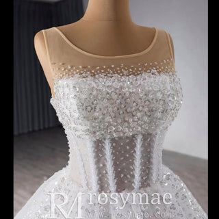 Beaded Flower Wedding Dress Sheer Bodice Sparkly Bridal Gown - Rosymae