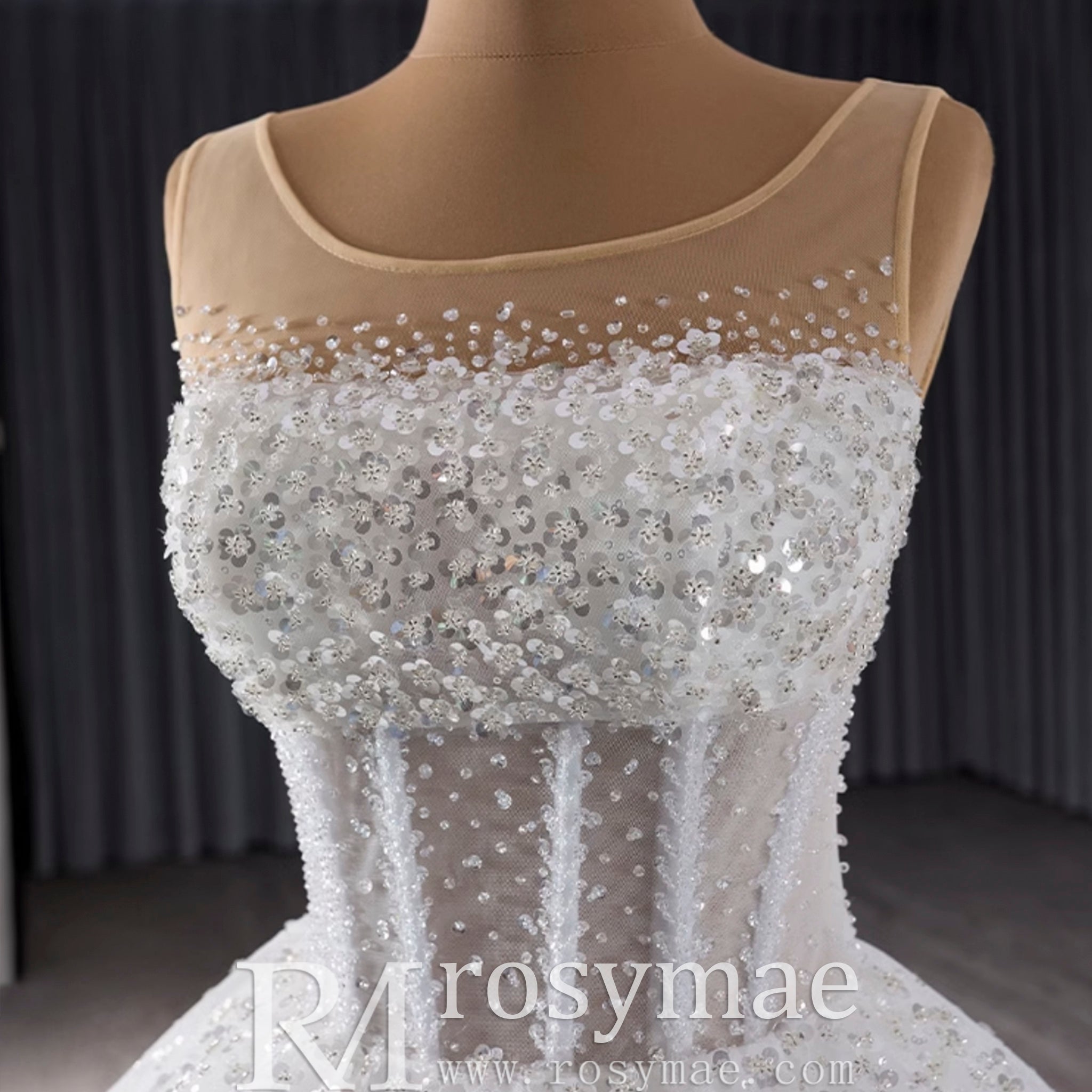Beaded Flower Wedding Dress Sheer Bodice Sparkly Bridal Gown - Rosymae