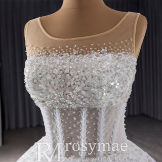 Beaded Flower Wedding Dress Sheer Bodice Sparkly Bridal Gown - Rosymae