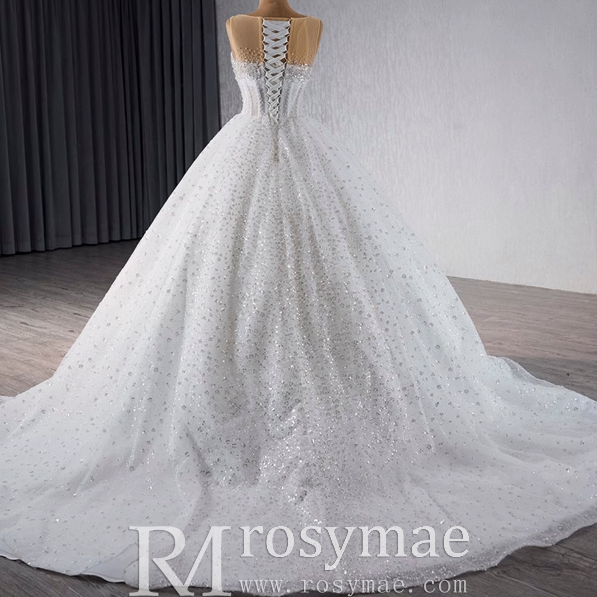 Beaded Flower Wedding Dress Sheer Bodice Sparkly Bridal Gown - Rosymae