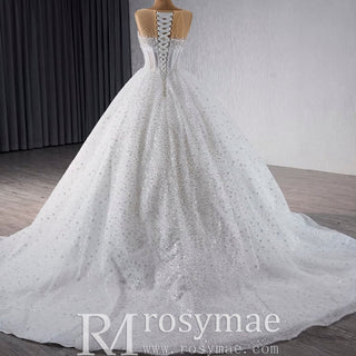 Beaded Flower Wedding Dress Sheer Bodice Sparkly Bridal Gown - Rosymae
