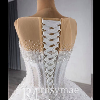 Beaded Flower Wedding Dress Sheer Bodice Sparkly Bridal Gown - Rosymae