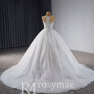 Beaded Flower Wedding Dress Sheer Bodice Sparkly Bridal Gown - Rosymae