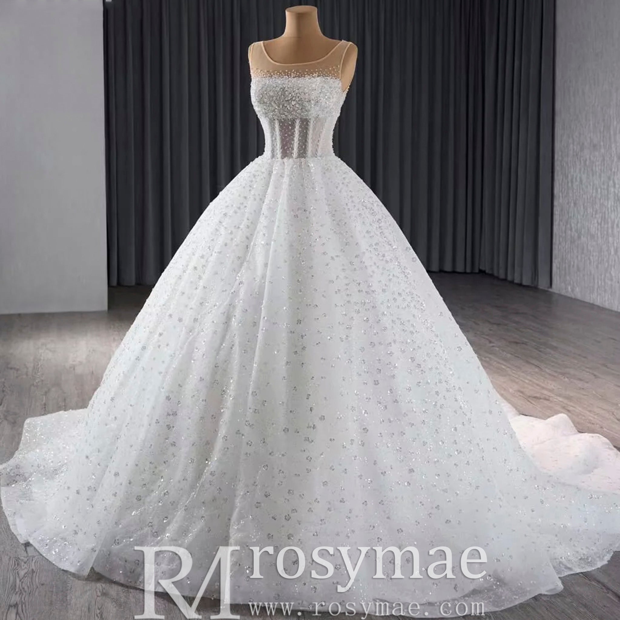 Beaded Flower Wedding Dress Sheer Bodice Sparkly Bridal Gown - Rosymae