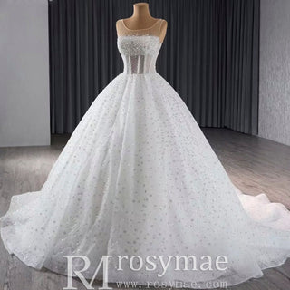 Beaded Flower Wedding Dress Sheer Bodice Sparkly Bridal Gown - Rosymae