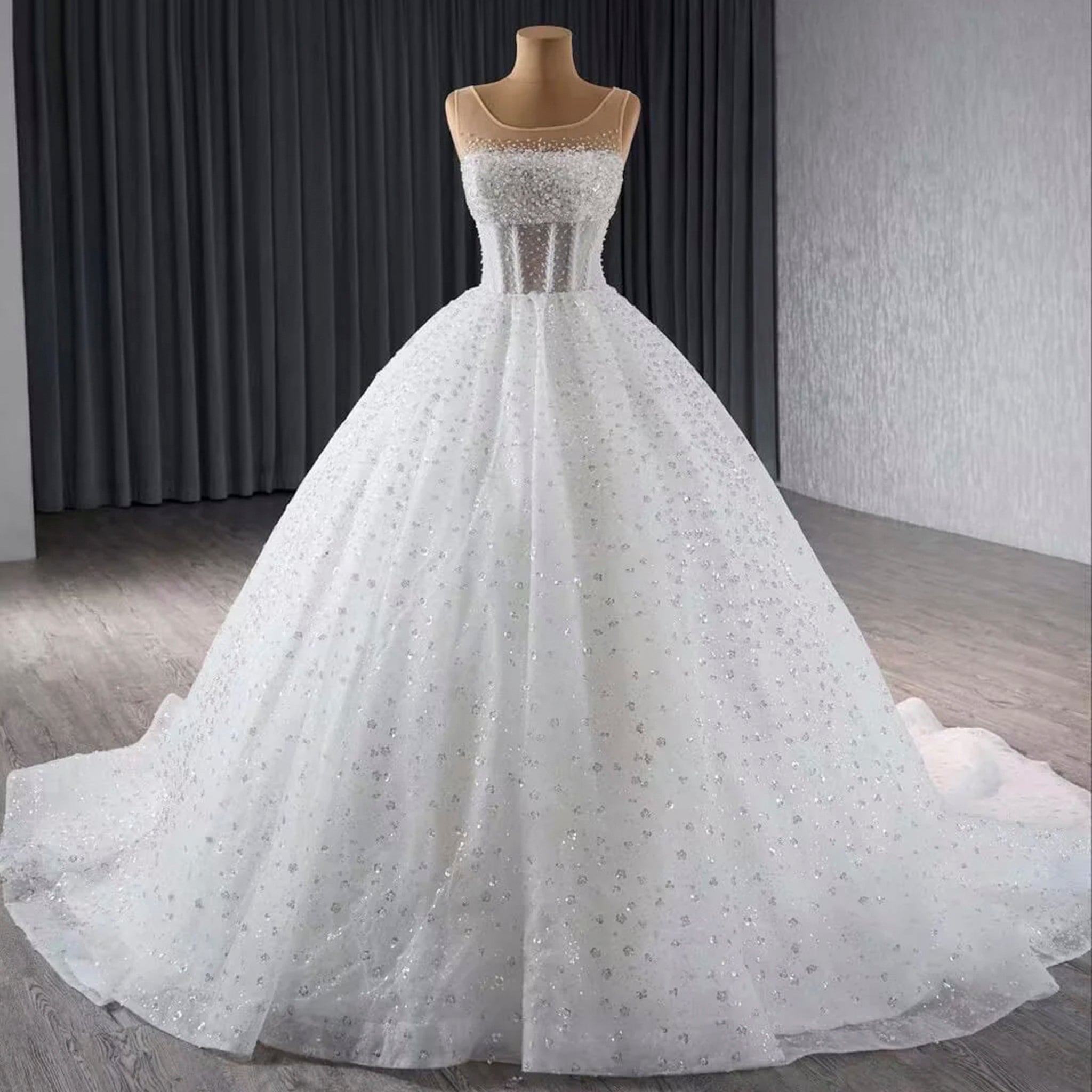 Beaded Flower Wedding Dress Sheer Bodice Sparkly Bridal Gown - Rosymae