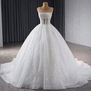 Beaded Flower Wedding Dress Sheer Bodice Sparkly Bridal Gown - Rosymae