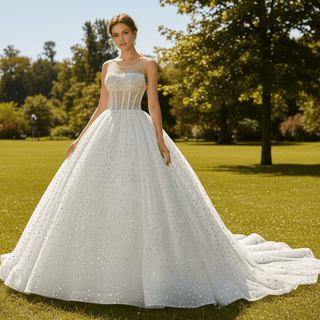 Beaded Flower Wedding Dress Sheer Bodice Sparkly Bridal Gown - Rosymae