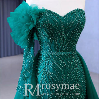 Beaded Green Mermaid Evening Dress Removable Overskirt One Shoulder Formal Dress - Rosymae