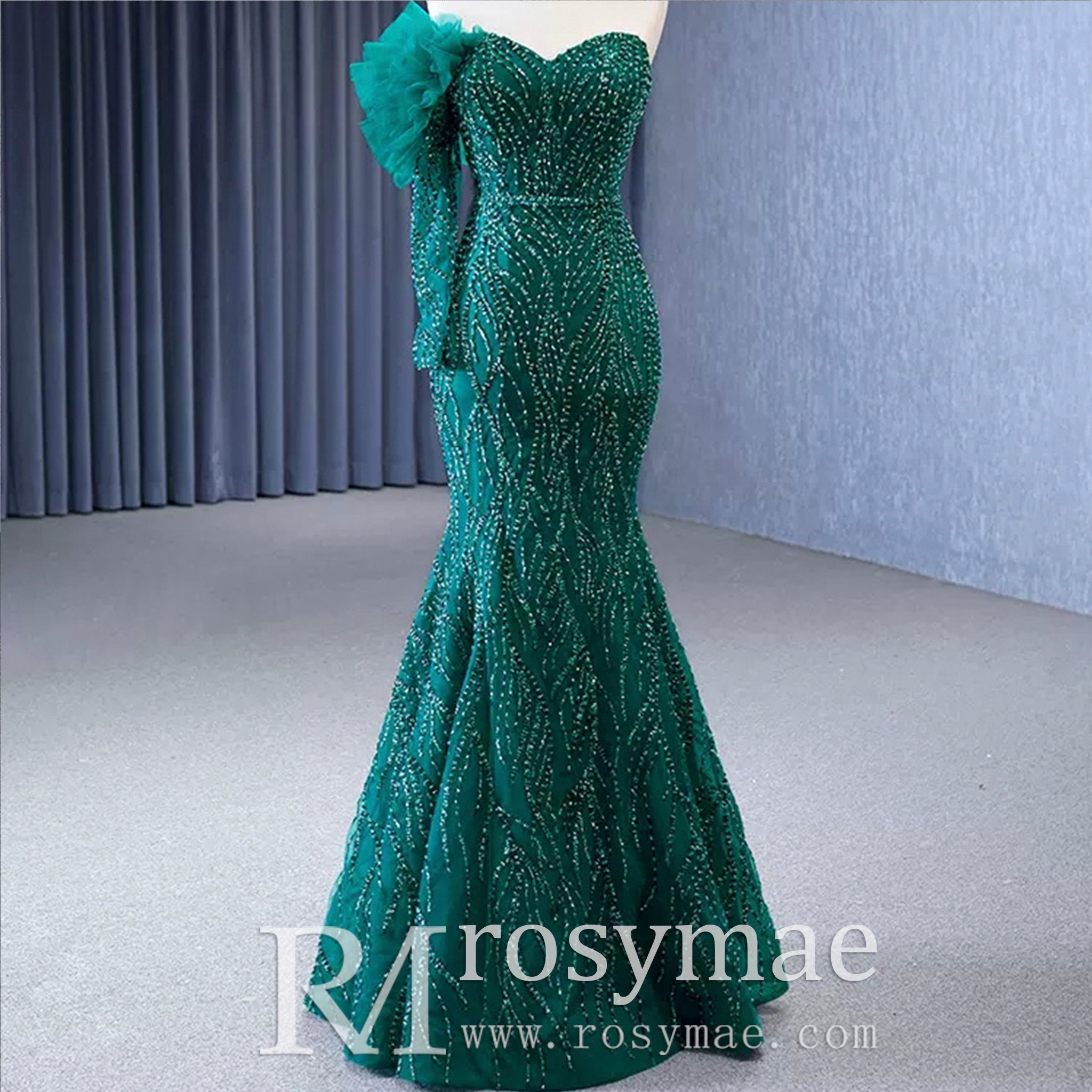 Beaded Green Mermaid Evening Dress Removable Overskirt One Shoulder Formal Dress - Rosymae