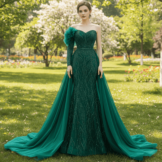 Beaded Green Mermaid Evening Dress Removable Overskirt One Shoulder Formal Dress - Rosymae