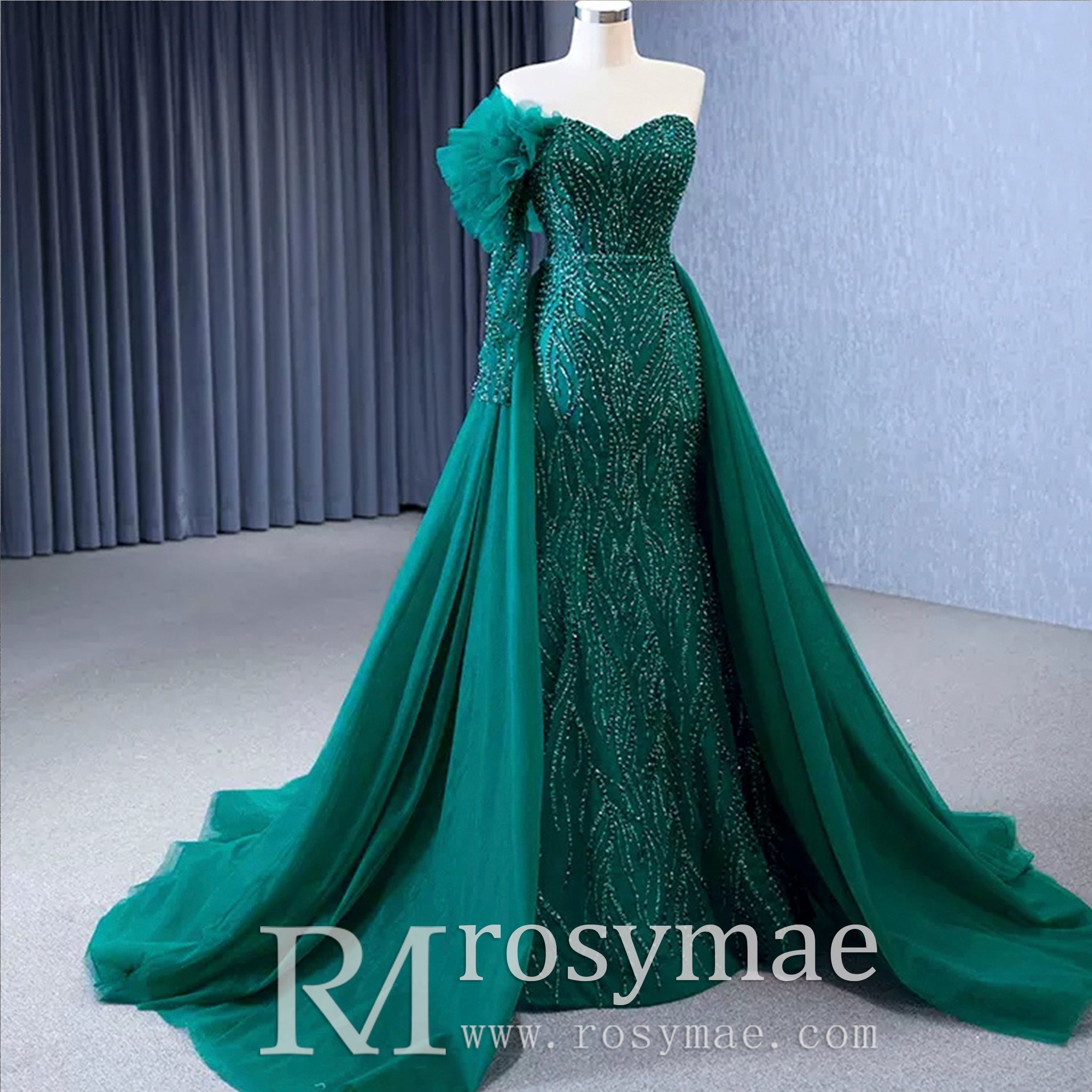 Beaded Green Mermaid Evening Dress Removable Overskirt One Shoulder Formal Dress - Rosymae