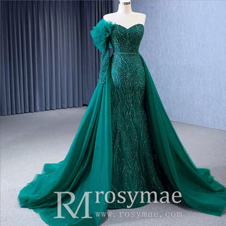 Beaded Green Mermaid Evening Dress Removable Overskirt One Shoulder Formal Dress - Rosymae