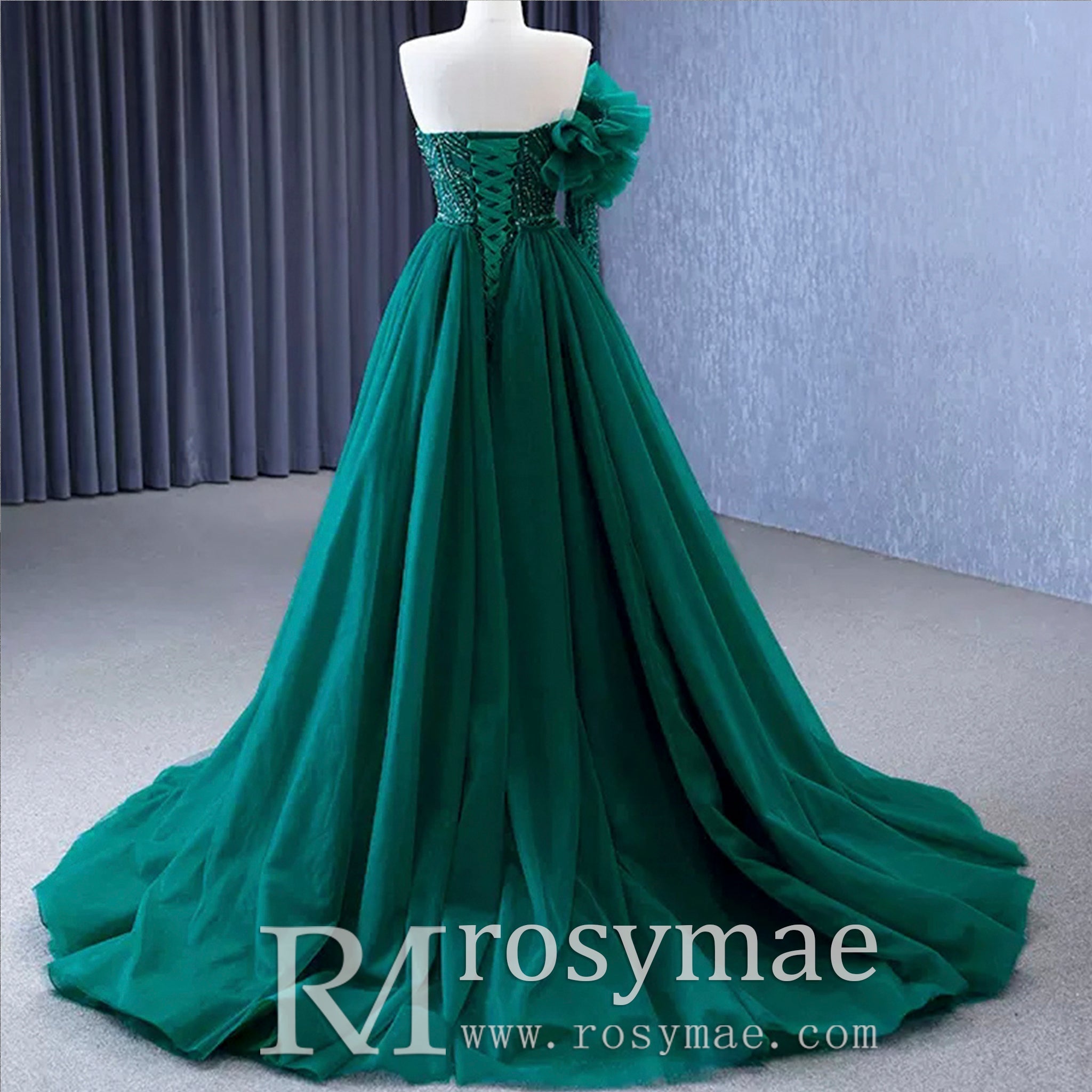 Beaded Green Mermaid Evening Dress Removable Overskirt One Shoulder Formal Dress - Rosymae
