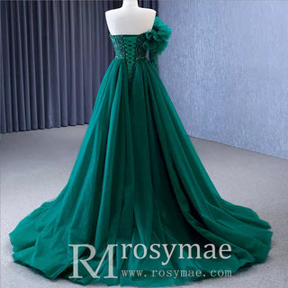 Beaded Green Mermaid Evening Dress Removable Overskirt One Shoulder Formal Dress - Rosymae