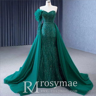 Beaded Green Mermaid Evening Dress Removable Overskirt One Shoulder Formal Dress - Rosymae
