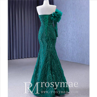 Beaded Green Mermaid Evening Dress Removable Overskirt One Shoulder Formal Dress - Rosymae