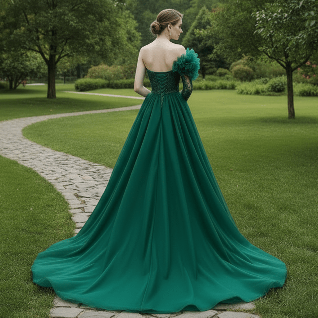 Beaded Green Mermaid Evening Dress Removable Overskirt One Shoulder Formal Dress - Rosymae