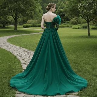 Beaded Green Mermaid Evening Dress Removable Overskirt One Shoulder Formal Dress - Rosymae