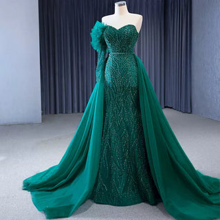 Beaded Green Mermaid Evening Dress Removable Overskirt One Shoulder Formal Dress - Rosymae