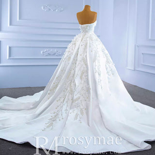 Beaded Handmade Flower Satin Strapless Wedding Dress - Rosymae