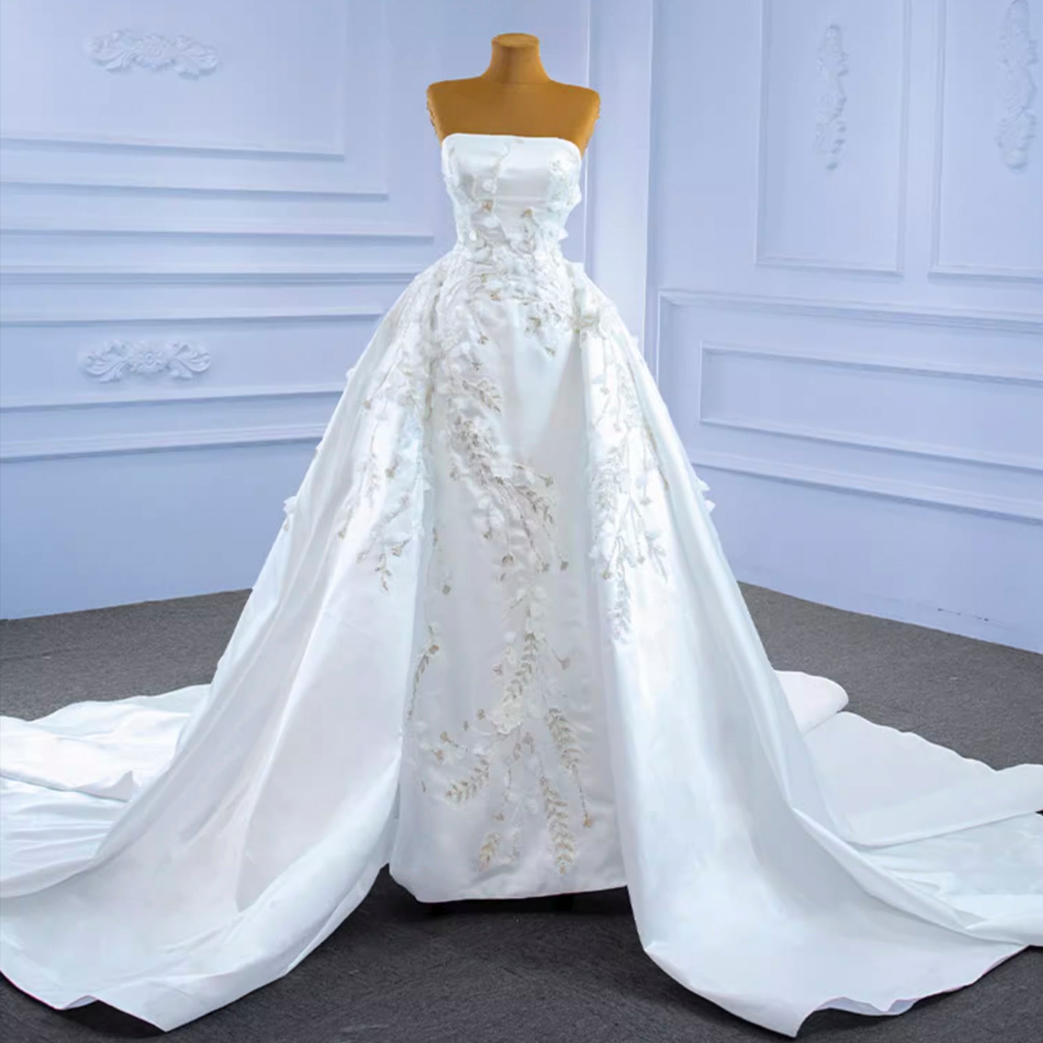 Beaded Handmade Flower Satin Strapless Wedding Dress - Rosymae